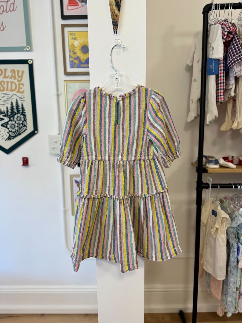 2-3, Boden, Multi, Linen mix colorful vertical striped long-sleeve tiered dress, pink tie