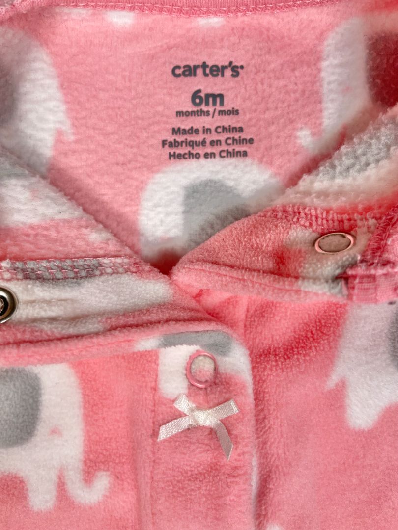 6 mo, Carter's, Pink, Elephant print fleece footed Sleep & Play, snap-up, white/grey