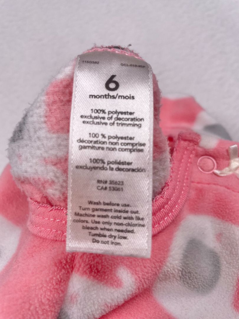 6 mo, Carter's, Pink, Elephant print fleece footed Sleep & Play, snap-up, white/grey