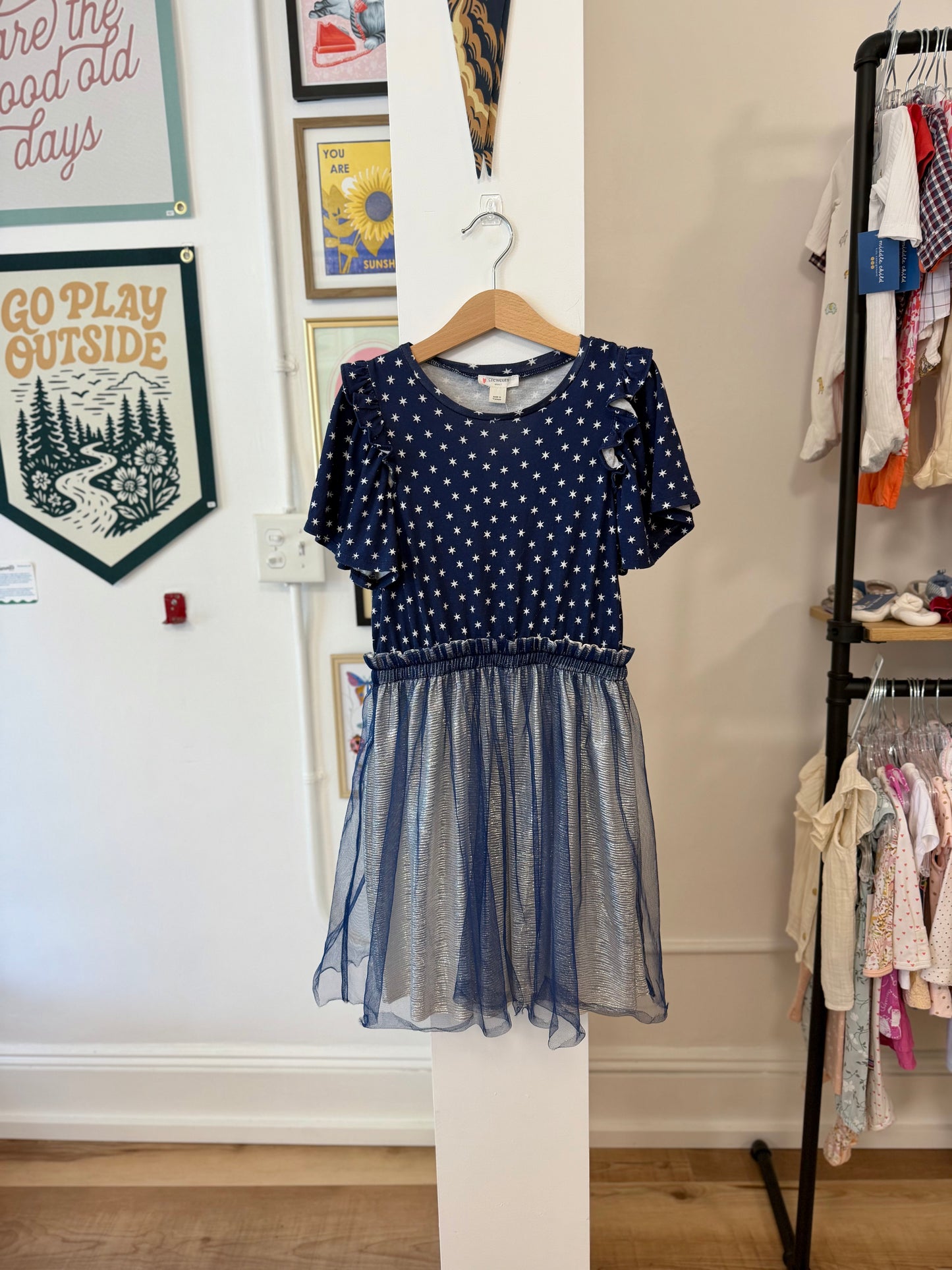 7, J.Crew Crewcuts, Blue, Star print flutter sleeve dress with tulle and silver skirt