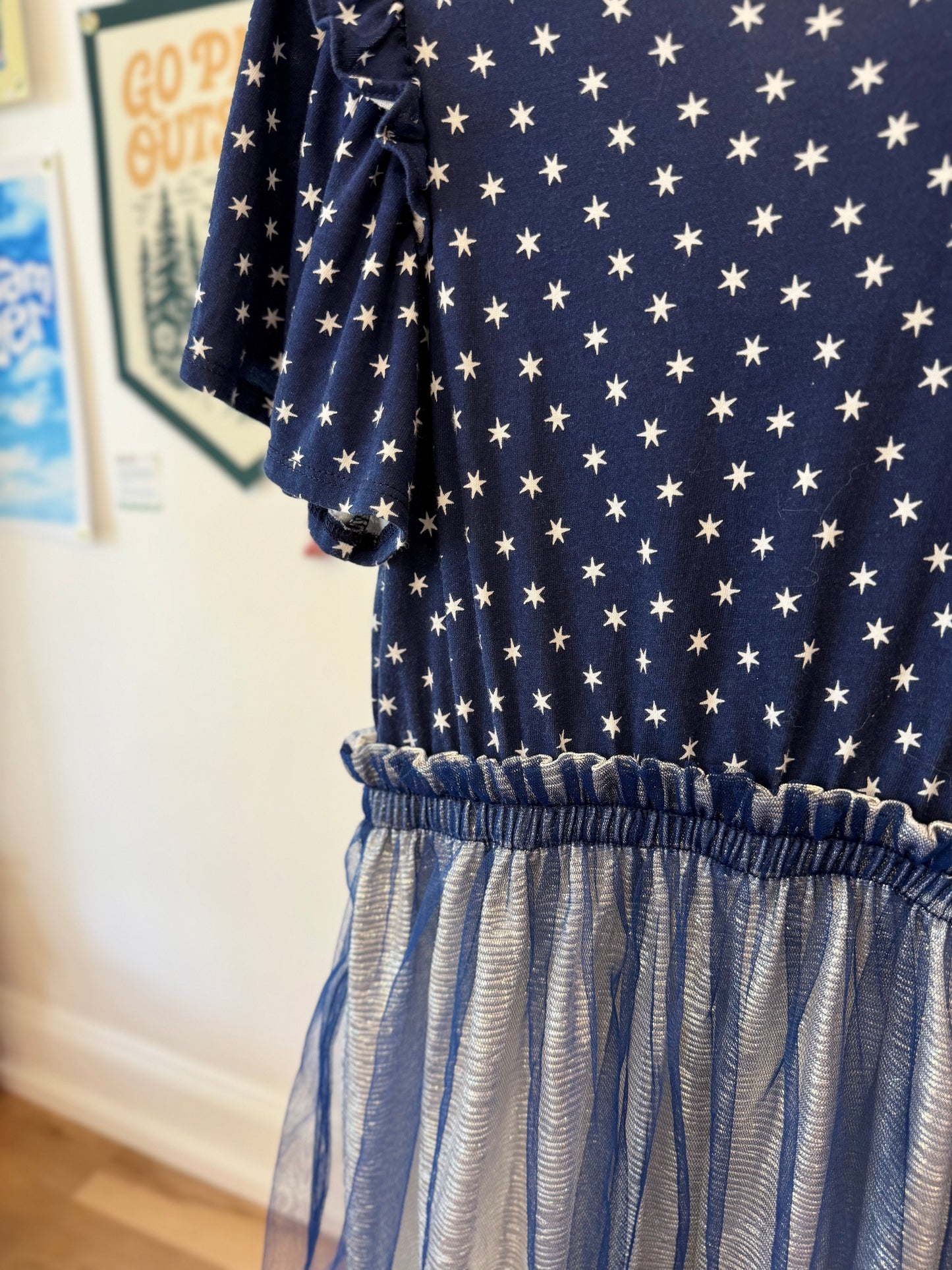 7, J.Crew Crewcuts, Blue, Star print flutter sleeve dress with tulle and silver skirt