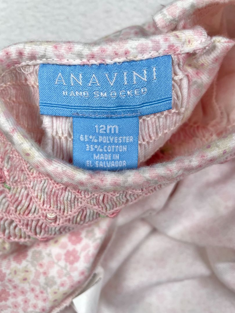 12 mo, Anavini, Pink, Soft floral long-sleeve dress w/ hand-smocked neckline, rosettes