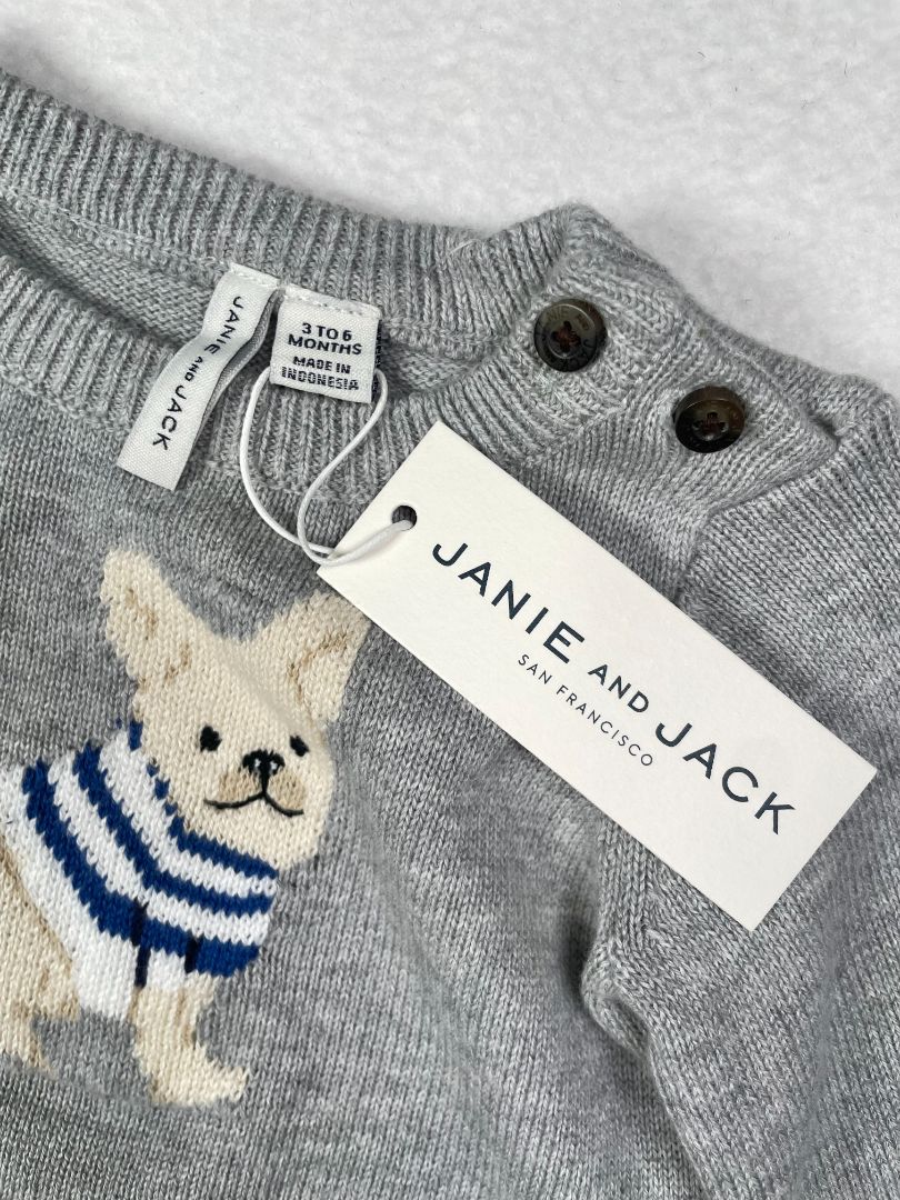 3-6 mo, Janie and Jack, Grey, NEW w/ tags - Striped top french bulldog sweater