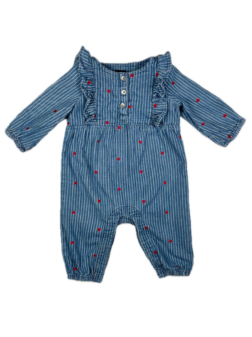3-6 mo, babyGap, Blue, Striped denim coverall w/ embroidered hearts, ruffles at chest, snap legs
