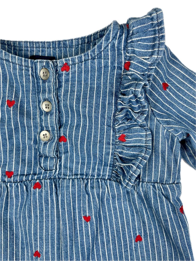 3-6 mo, babyGap, Blue, Striped denim coverall w/ embroidered hearts, ruffles at chest, snap legs