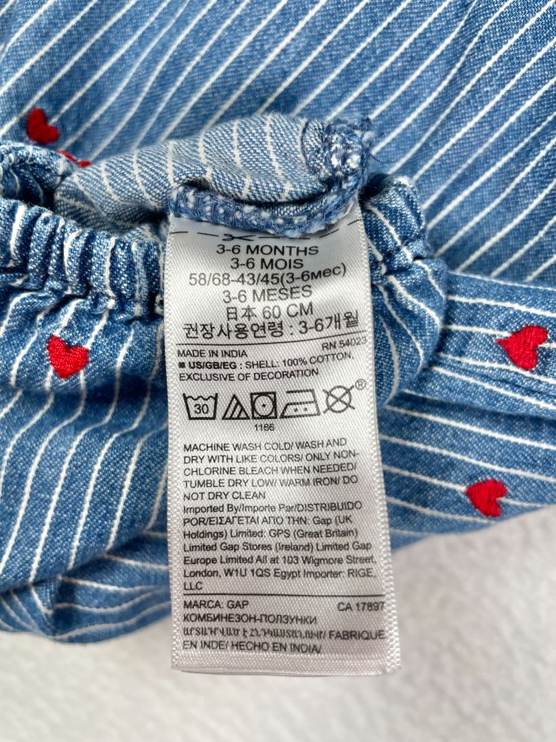 3-6 mo, babyGap, Blue, Striped denim coverall w/ embroidered hearts, ruffles at chest, snap legs