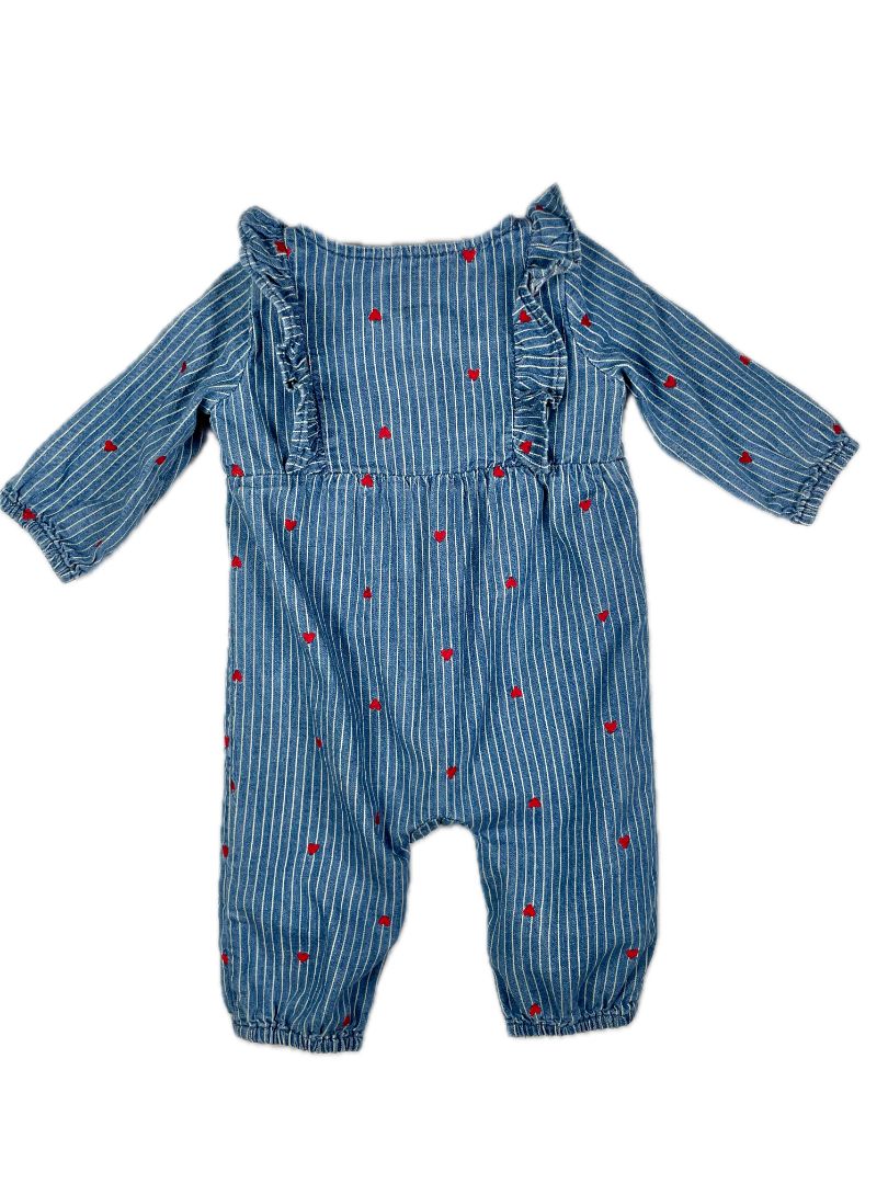 3-6 mo, babyGap, Blue, Striped denim coverall w/ embroidered hearts, ruffles at chest, snap legs