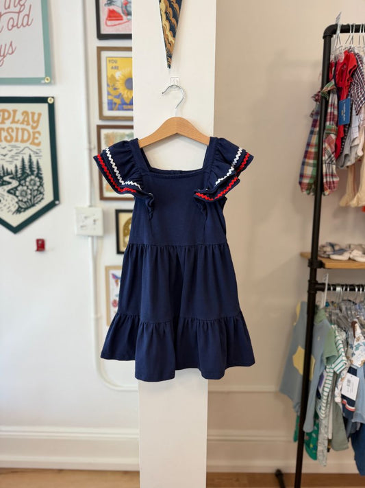 3/3T, Janie and Jack, Blue, Red/white ric-rac flutter sleeve tiered dress