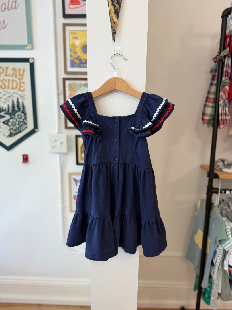 3/3T, Janie and Jack, Blue, Red/white ric-rac flutter sleeve tiered dress