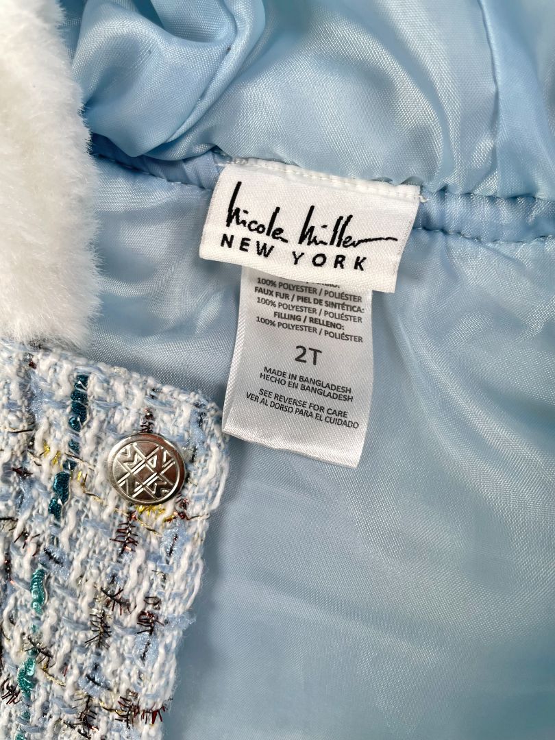 2/2T, Nicole Miller, Blue, 'Tweed'/bouclé metallic thread plaid snap-up vest, faux fur lined hood