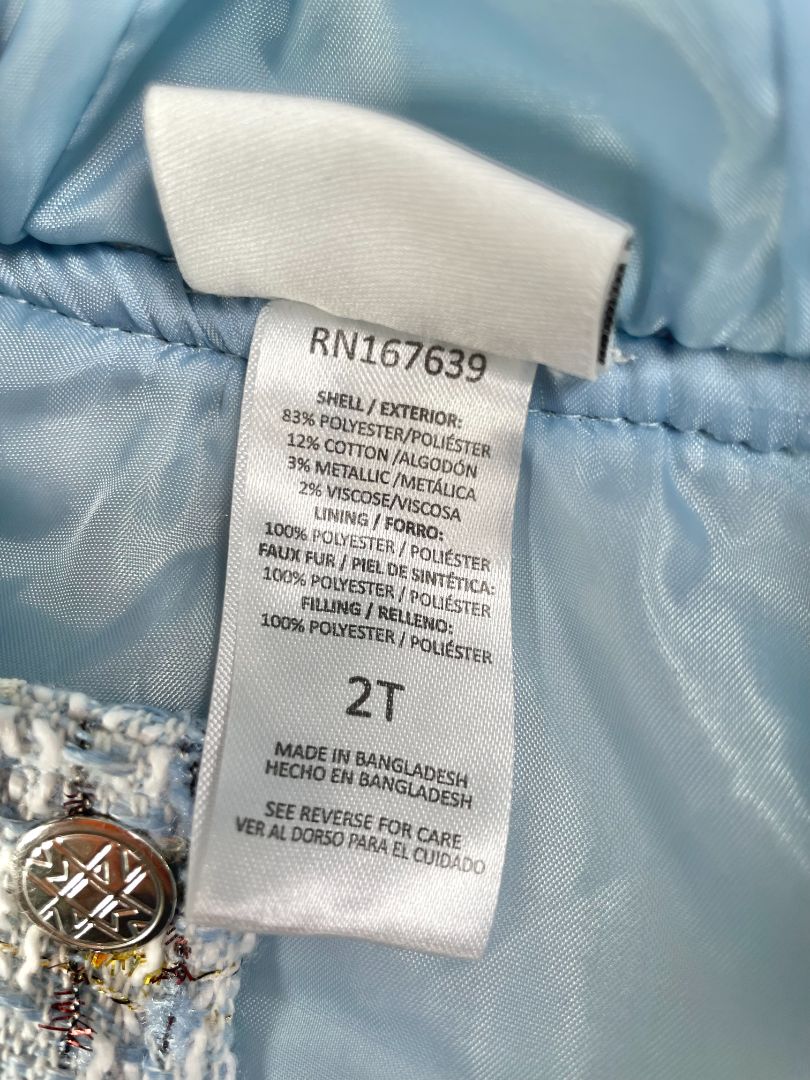 2/2T, Nicole Miller, Blue, 'Tweed'/bouclé metallic thread plaid snap-up vest, faux fur lined hood