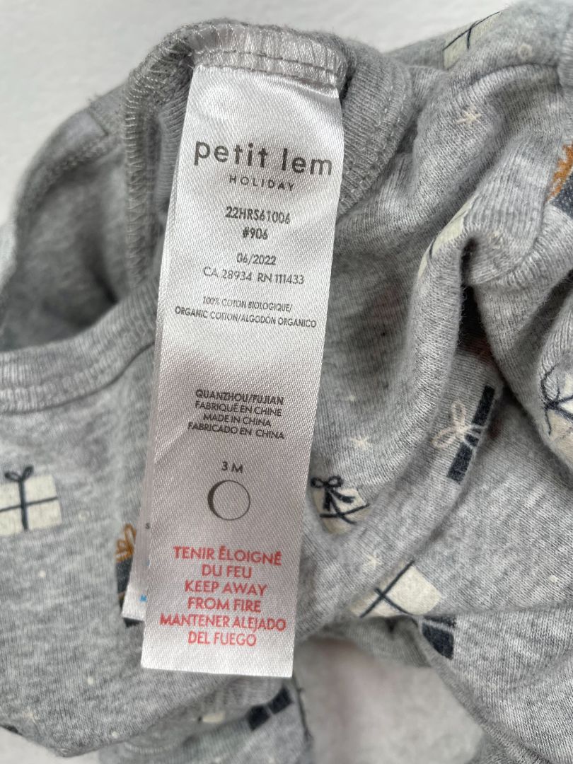 3 mo, Petit Lem, Grey, Glow-in-the-dark present print 2-way zip footed coverall