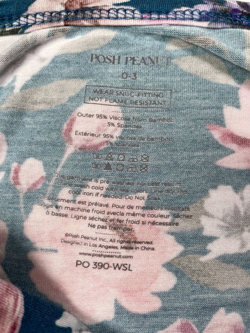 0-3 mo, Posh Peanut, Blue, Bamboo floral two-way zip footed pajamas, ruffles on butt