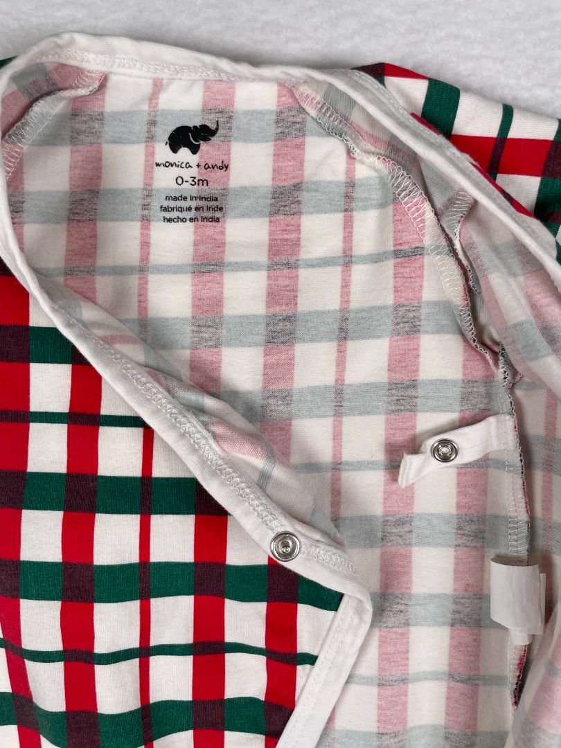 0-3 mo, Monica + Andy, White, Red/green plaid kimono tie one-piece, organic cotton + stretch