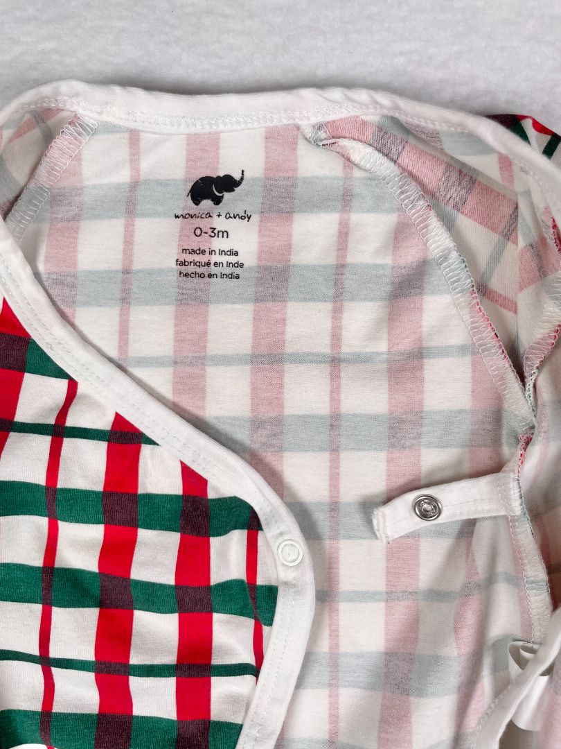 0-3 mo, Monica + Andy, White, Red/green plaid kimono tie one-piece, organic cotton + stretch