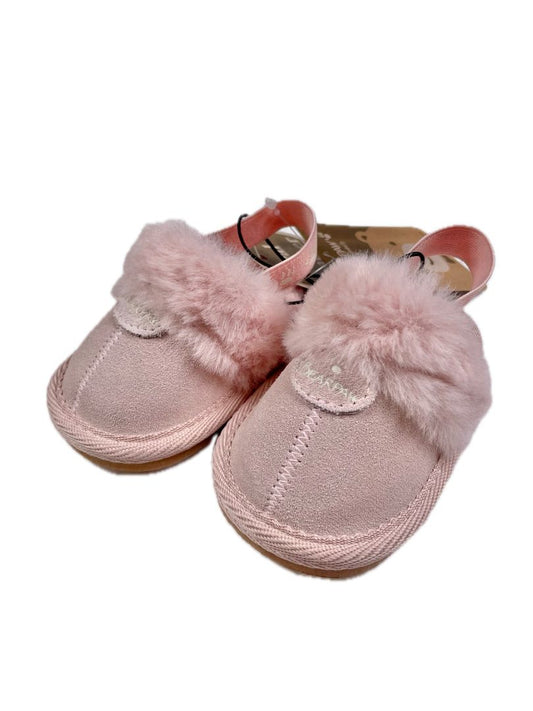 0-6 mo, BEARPAW, Pink, New w/ tags - Faux fur lined suede shoes/slippers w/ elastic strap