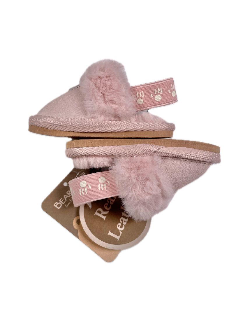 0-6 mo, BEARPAW, Pink, New w/ tags - Faux fur lined suede shoes/slippers w/ elastic strap