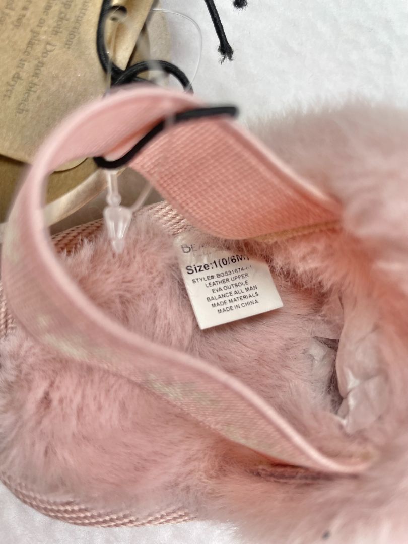 0-6 mo, BEARPAW, Pink, New w/ tags - Faux fur lined suede shoes/slippers w/ elastic strap
