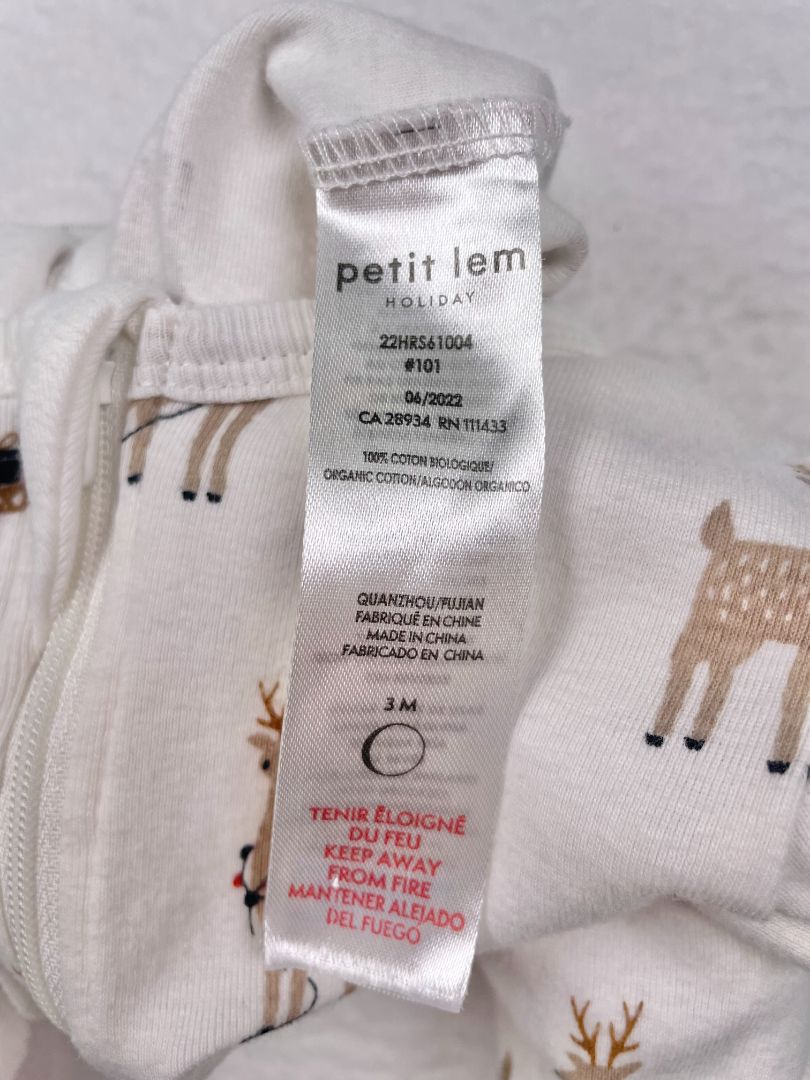 0-3 mo, Petit Lem, White, Reindeer print 2-way zip footed coverall