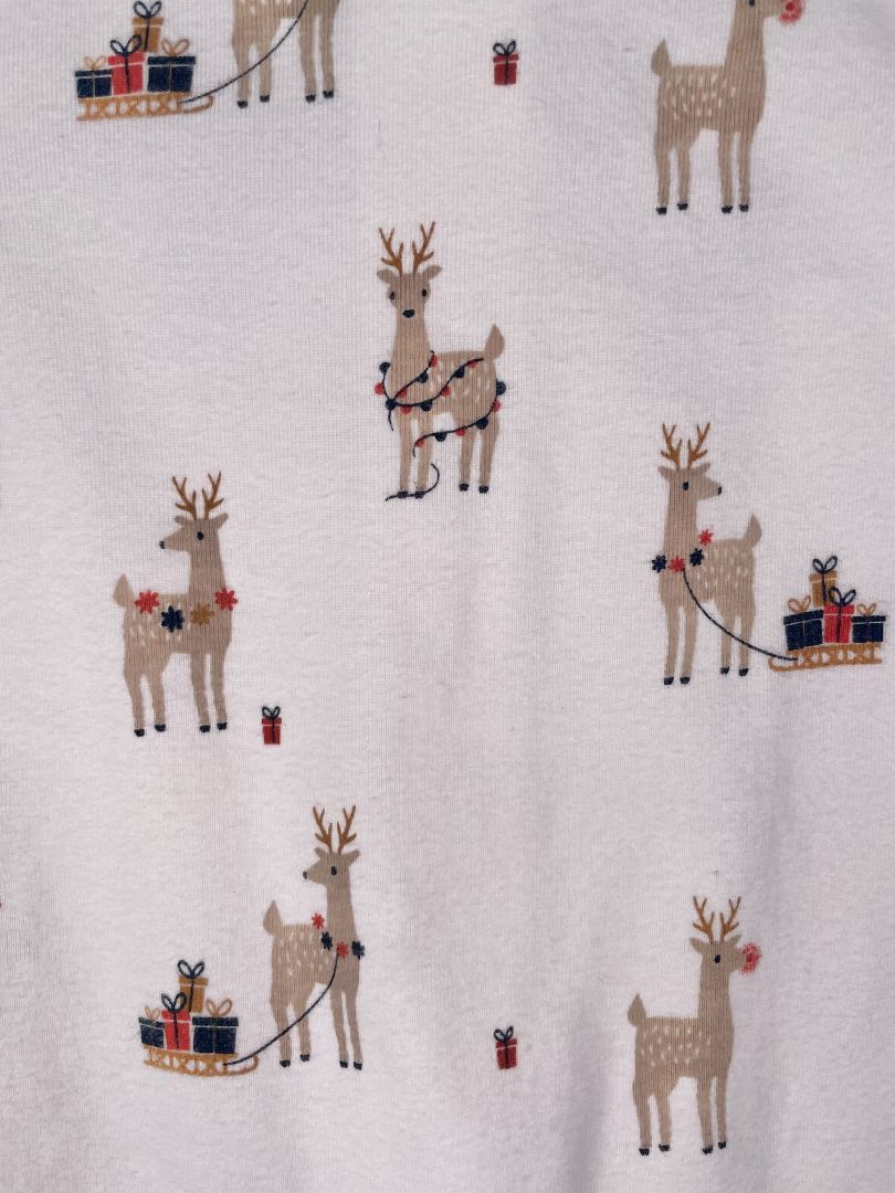0-3 mo, Petit Lem, White, Reindeer print 2-way zip footed coverall