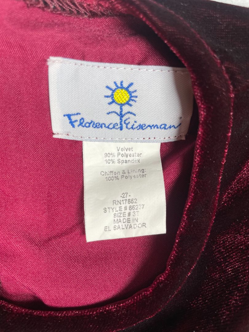 3/3T, Florence Eiseman, Purple, Velvet special occasion dress w/ chiffon tiered cap sleeves, lined