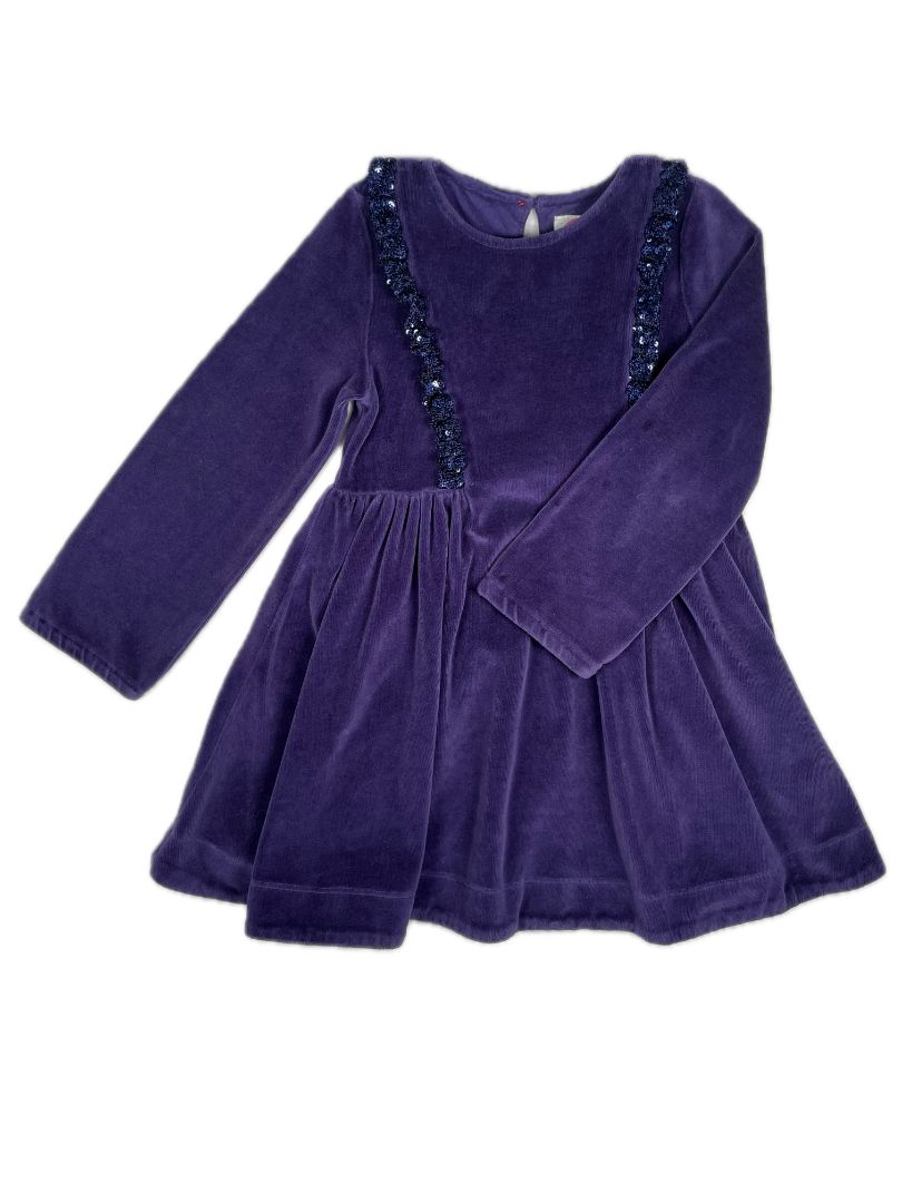 4-5, Boden, Purple, Velvet long-sleeve dress, sequin ruffles at chest