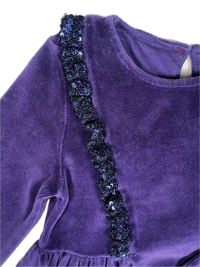 4-5, Boden, Purple, Velvet long-sleeve dress, sequin ruffles at chest
