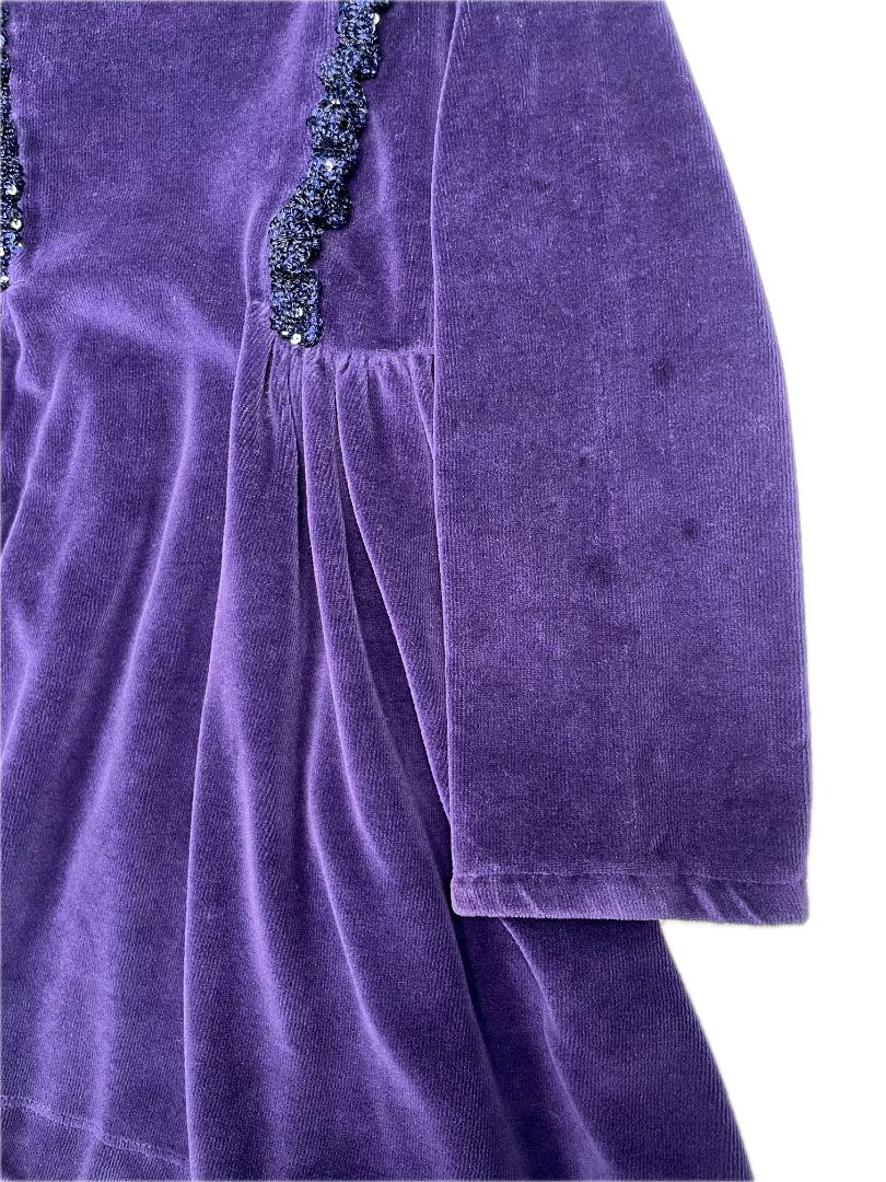 4-5, Boden, Purple, Velvet long-sleeve dress, sequin ruffles at chest