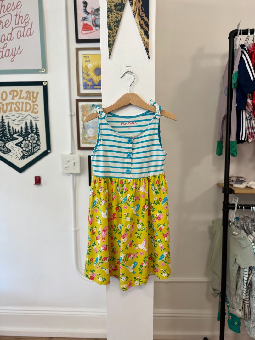 5-6, Boden, Yellow, Bow strap blue-striped button top dress with bird print skirt