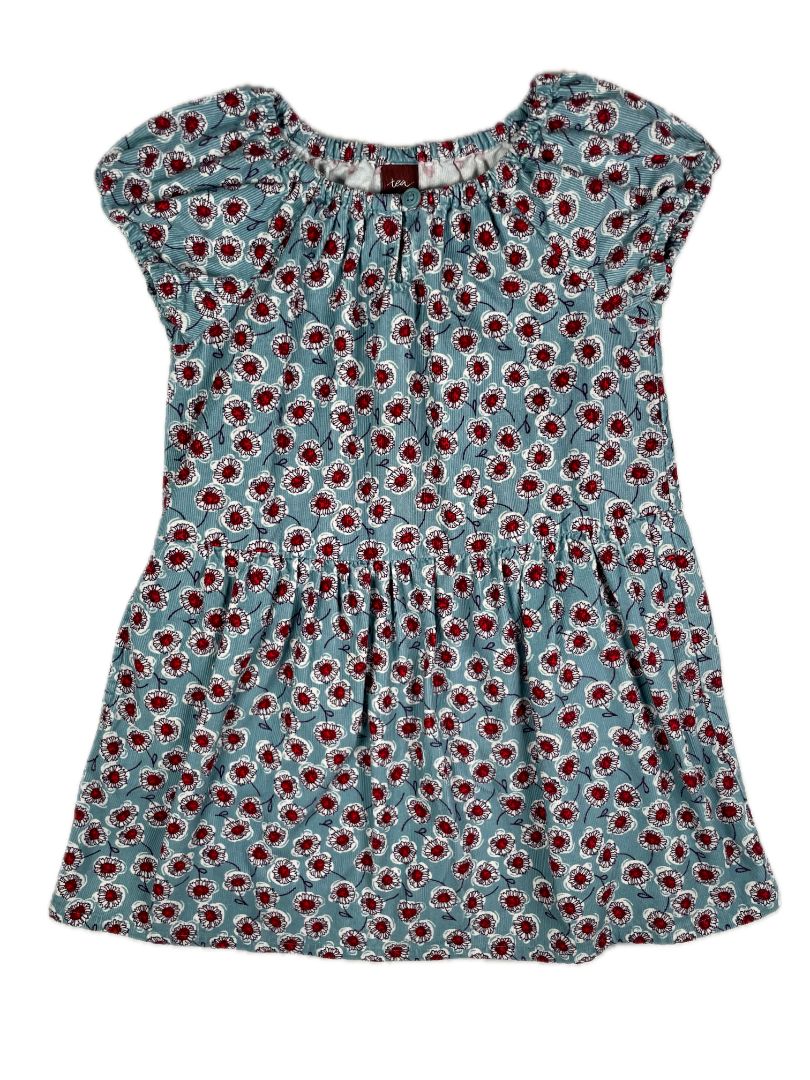 3/3T, Tea Collection, Blue, Floral print corduroy cap-sleeve dress, white/red, pockets