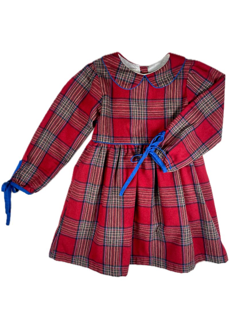 3/3T, The Oaks Apparel, Red, Plaid long-sleeve dress, peter pan collar, blue piping and sleeve ties