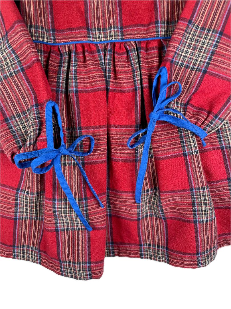 3/3T, The Oaks Apparel, Red, Plaid long-sleeve dress, peter pan collar, blue piping and sleeve ties