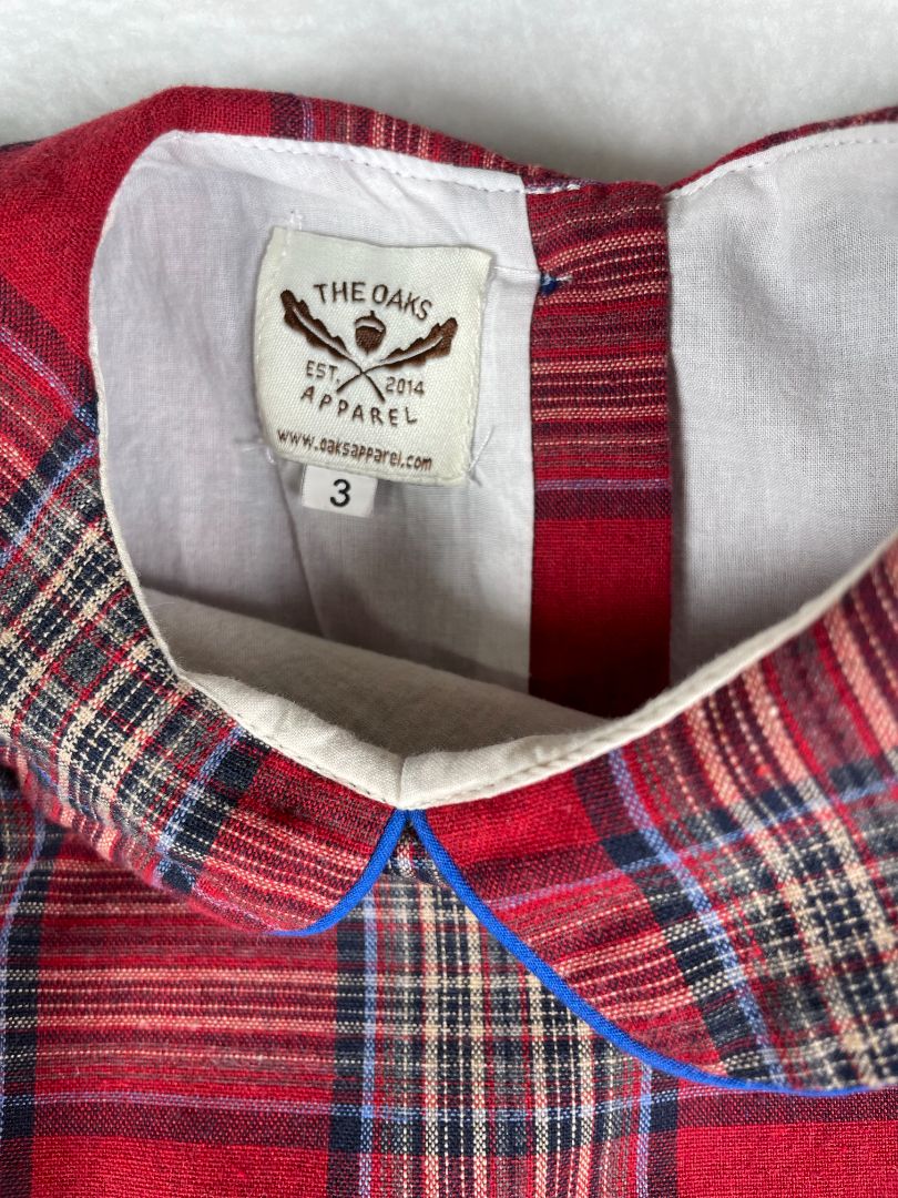 3/3T, The Oaks Apparel, Red, Plaid long-sleeve dress, peter pan collar, blue piping and sleeve ties