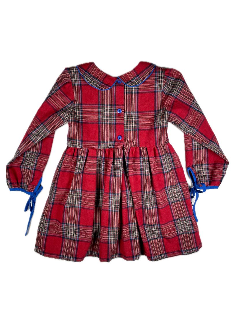 3/3T, The Oaks Apparel, Red, Plaid long-sleeve dress, peter pan collar, blue piping and sleeve ties