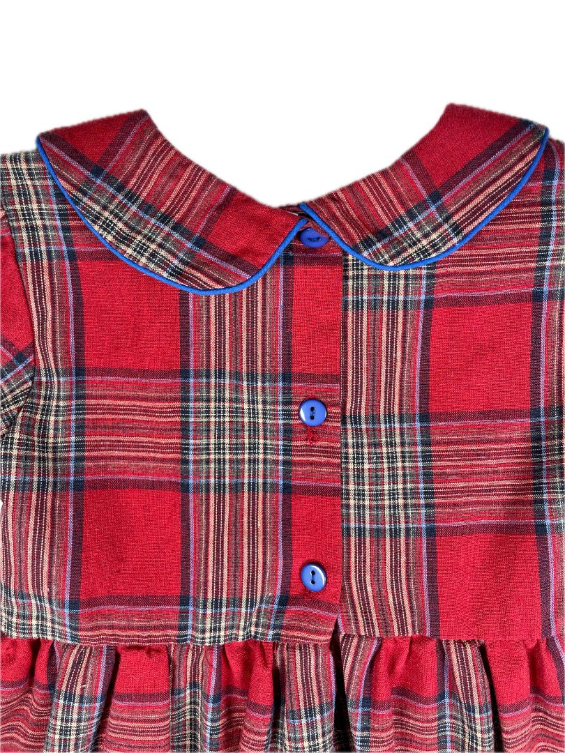 3/3T, The Oaks Apparel, Red, Plaid long-sleeve dress, peter pan collar, blue piping and sleeve ties