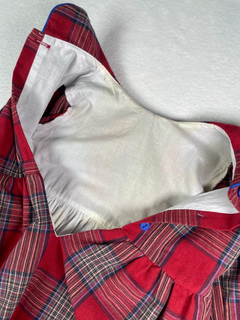 3/3T, The Oaks Apparel, Red, Plaid long-sleeve dress, peter pan collar, blue piping and sleeve ties