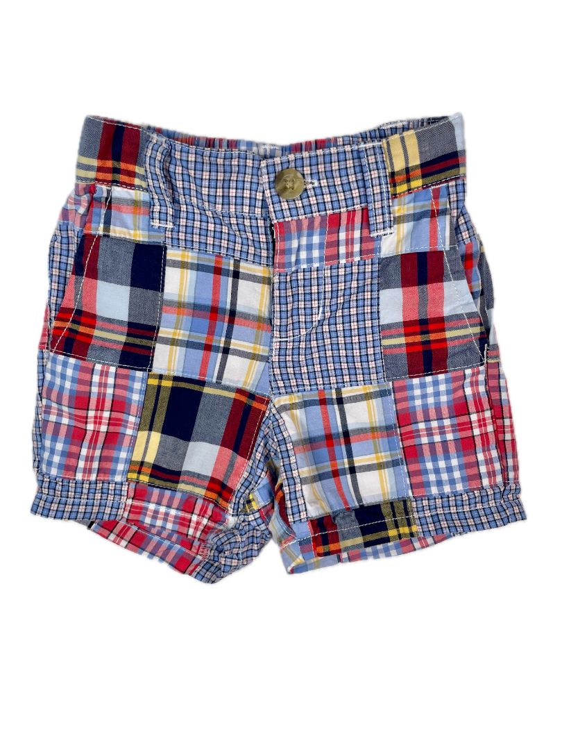 3-6 mo, Janie and Jack, Blue, Patchwork madras shorts, adjustable, red/yellow/white