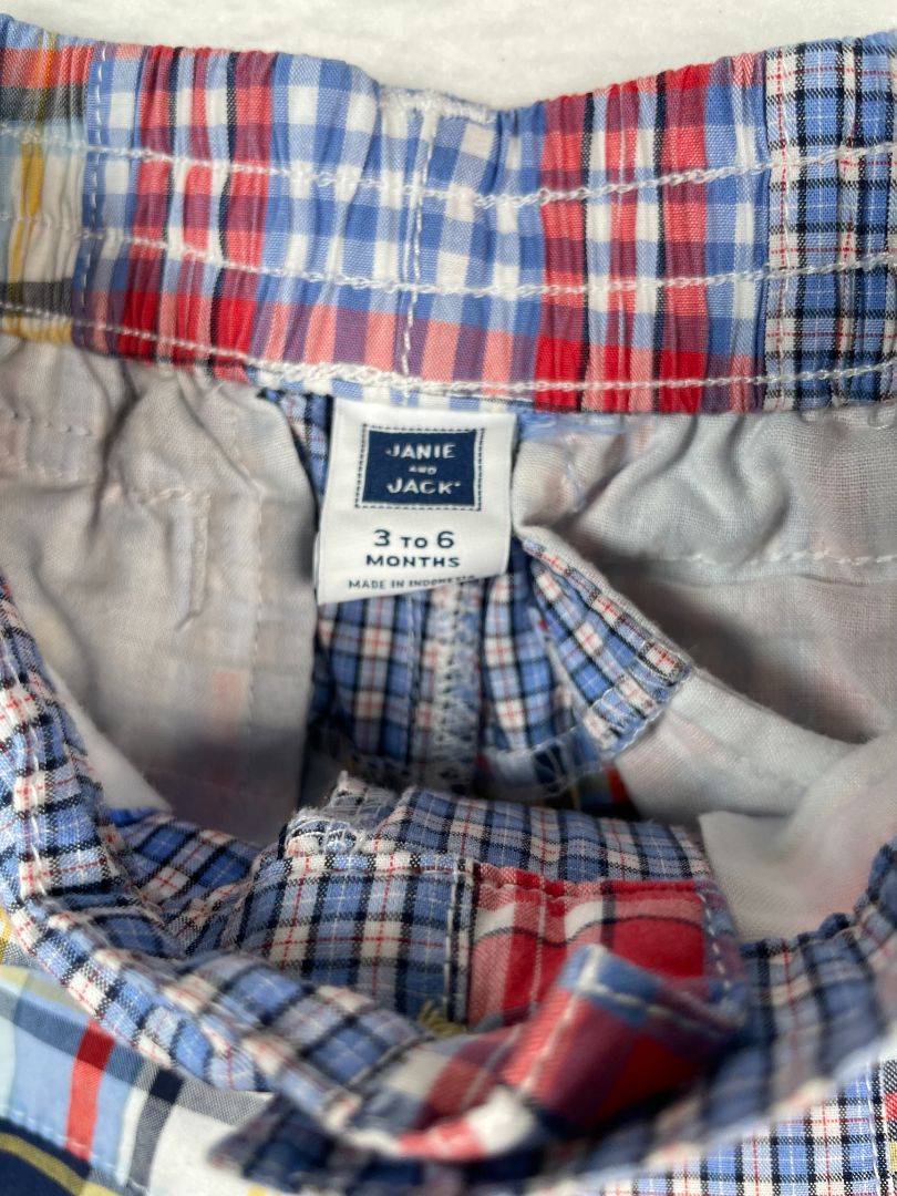 3-6 mo, Janie and Jack, Blue, Patchwork madras shorts, adjustable, red/yellow/white