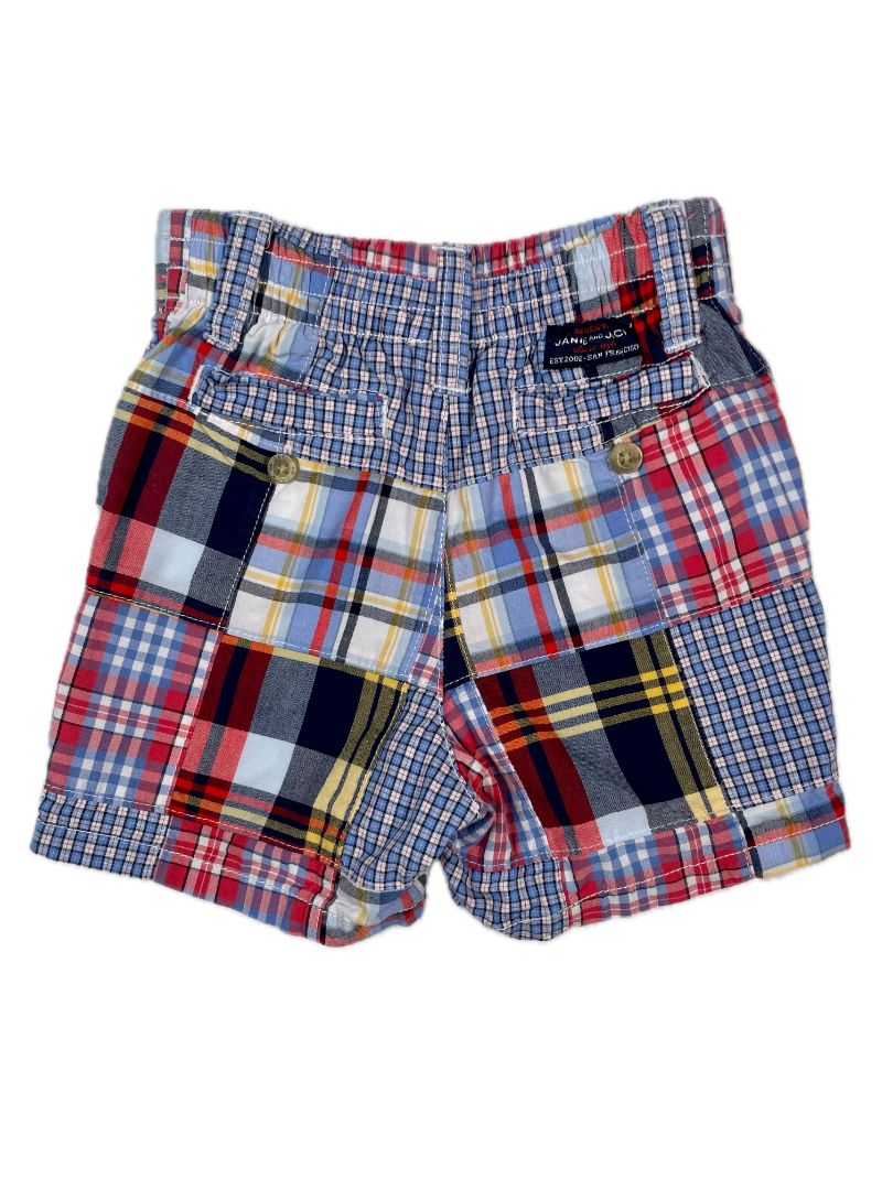 3-6 mo, Janie and Jack, Blue, Patchwork madras shorts, adjustable, red/yellow/white