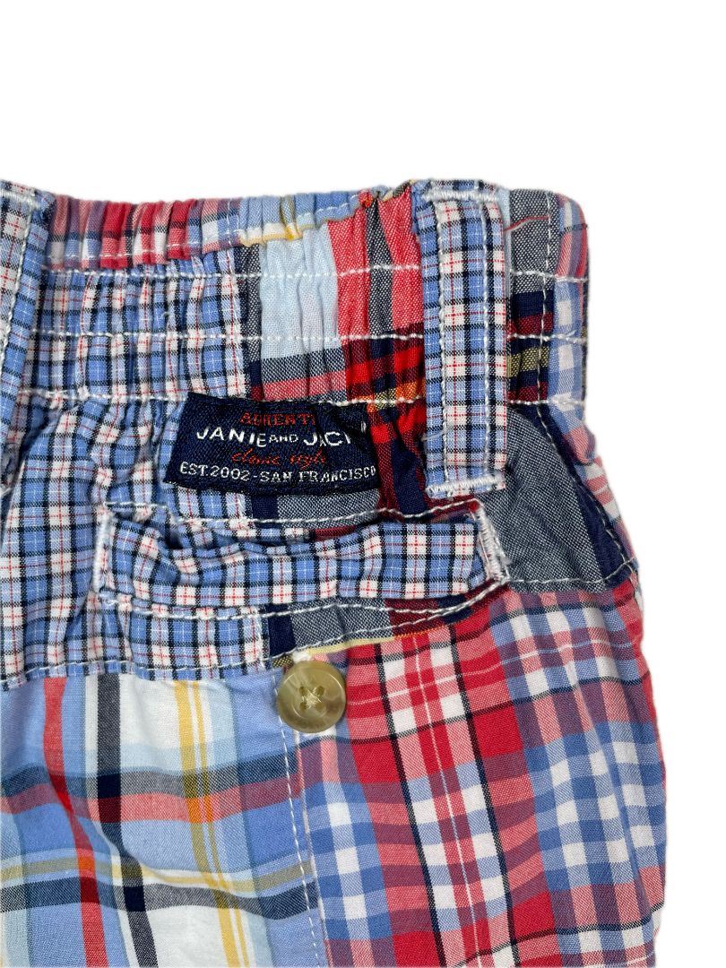 3-6 mo, Janie and Jack, Blue, Patchwork madras shorts, adjustable, red/yellow/white