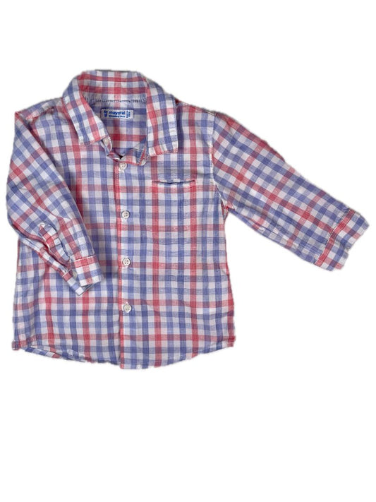 6 mo, Mayoral, White, Red/Blue gingham long-sleeve button-up shirt