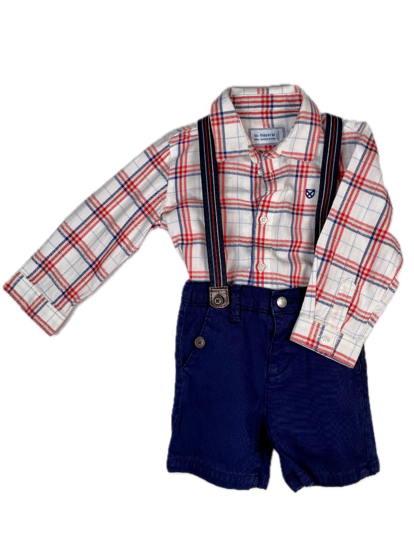 12 mo, Mayoral, Blue, Shorts w/ striped suspenders (removable)
