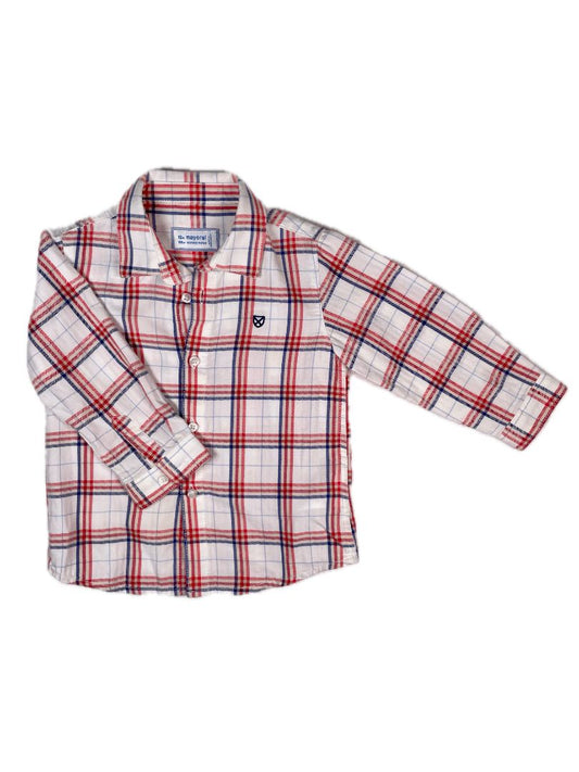 12 mo, Mayoral, White, Plaid long-sleeve button-up shirt, red/blue/cream