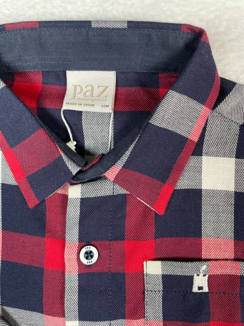12 mo, Paz Rodríguez, Blue, New w/ tags - Plaid light woven long-sleeve button-up shirt, red/white