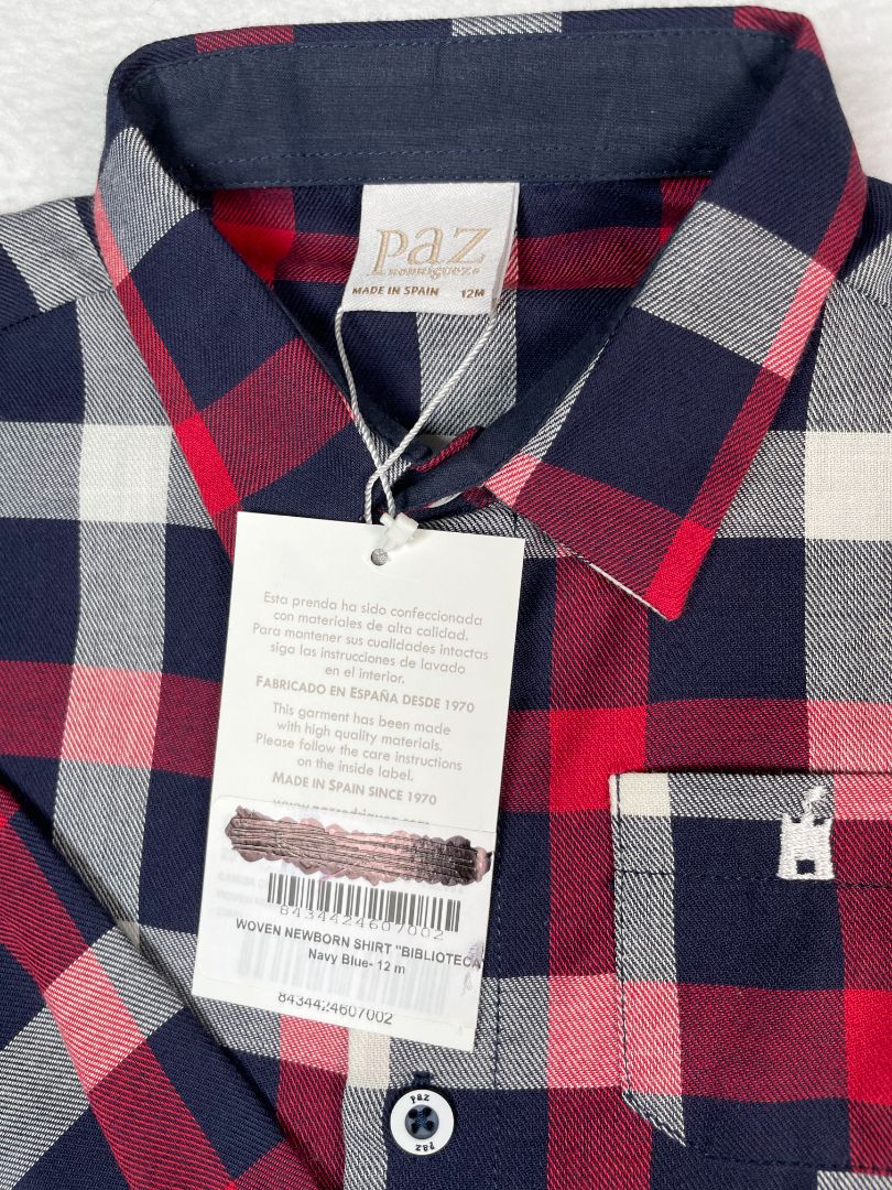 12 mo, Paz Rodríguez, Blue, New w/ tags - Plaid light woven long-sleeve button-up shirt, red/white