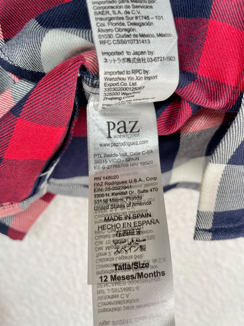 12 mo, Paz Rodríguez, Blue, New w/ tags - Plaid light woven long-sleeve button-up shirt, red/white