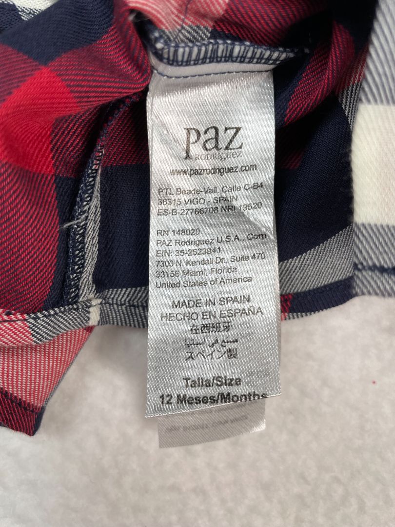 12 mo, Paz Rodríguez, Blue, New w/ tags - Plaid light woven long-sleeve button-up shirt, red/white