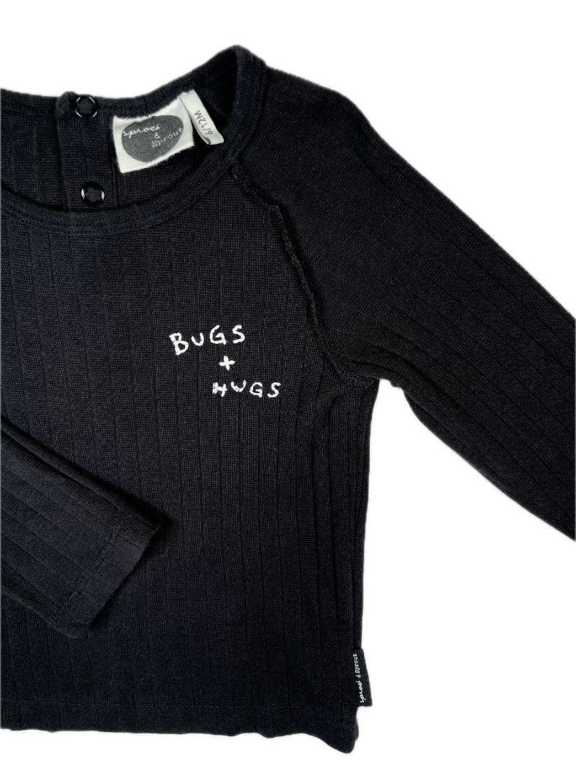 6-12 mo, Sproet & Sprout, Black, "Bugs + Hugs" long-sleeve ribbed shirt, cotton + stretch