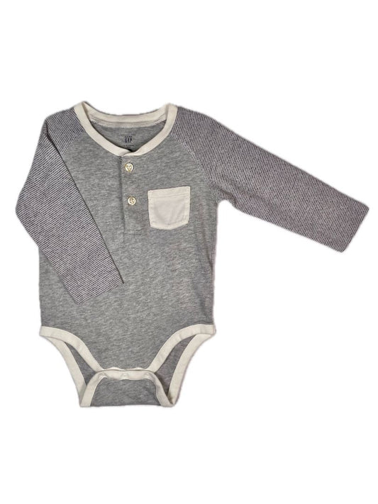 12-18 mo, babyGap, Grey, Long-sleeve bodysuit, striped sleeves, cream pocket