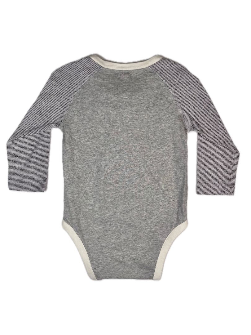 12-18 mo, babyGap, Grey, Long-sleeve bodysuit, striped sleeves, cream pocket